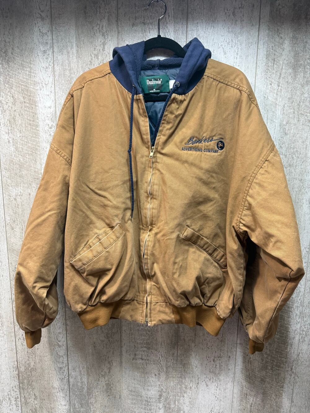 Dunbrooke XL Made in USA Hooded Work Jacket Tan Navy Bankers Advertising